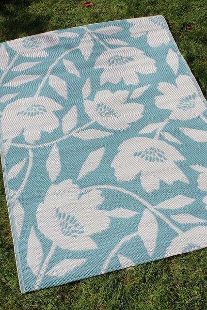 Fusion 'Luna Outdoor' Large floral design UV Resistant Outdoor Rug in Duck Egg Blue - Size: 170 cm x 120 cm - image 1