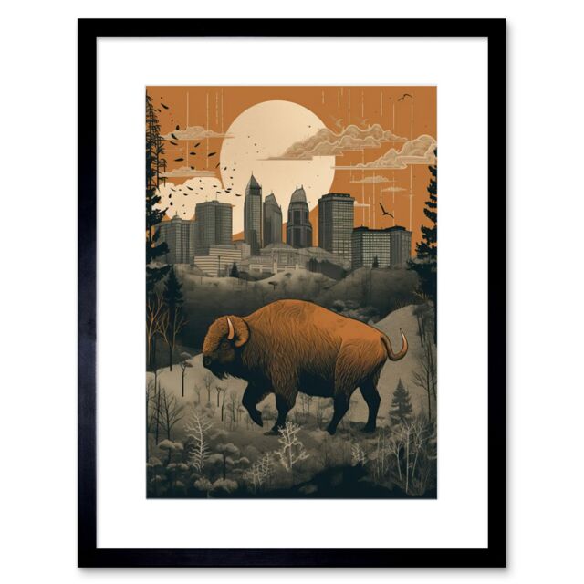 "Artery8 Wall Art Print Bison in Forest by Urban Cityscape Modern Landscape Artwork Framed 9X7 Inch in Black - Size: W7"" x H9""" - image 1