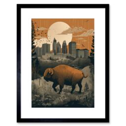 "Artery8 Wall Art Print Bison in Forest by Urban Cityscape Modern Landscape Artwork Framed 9X7 Inch in Black - Size: W7"" x H9""" - thumbnail 1