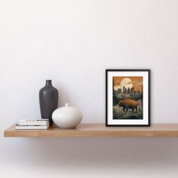 "Artery8 Wall Art Print Bison in Forest by Urban Cityscape Modern Landscape Artwork Framed 9X7 Inch in Black - Size: W7"" x H9""" - thumbnail 2