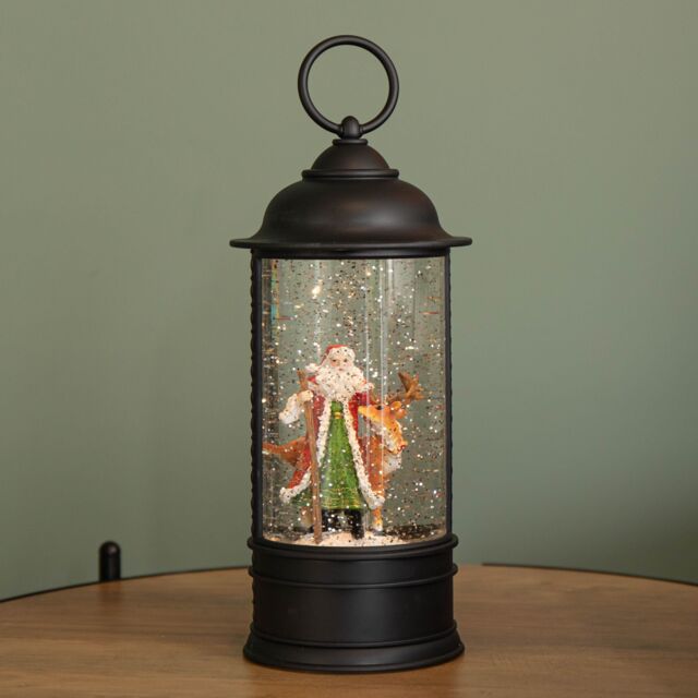 Samuel Alexander 29cm Dual Power LED Christmas Glitter Water Spinner Black Lantern Santa & Reindeer Scene - image 1