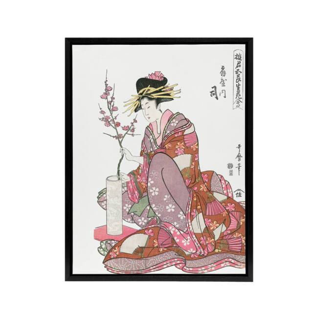 "Artery8 Courtesan Tsukasa Of Ogiya Framed Canvas Wall Art Print Utamaro Kitagawa in Pink - Size: W12"" x H16""" - image 1