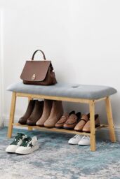 Living and Home Grey Linen Bamboo Shoe Bench Footstool - thumbnail 1