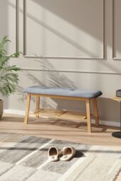 Living and Home Grey Linen Bamboo Shoe Bench Footstool - thumbnail 2