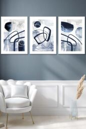 ARTZE Set of 3 White Framed Abstract Navy Blue Watercolour Shapes Wall Art - Size: W33 cm x H45 cm x D20mm - thumbnail 1