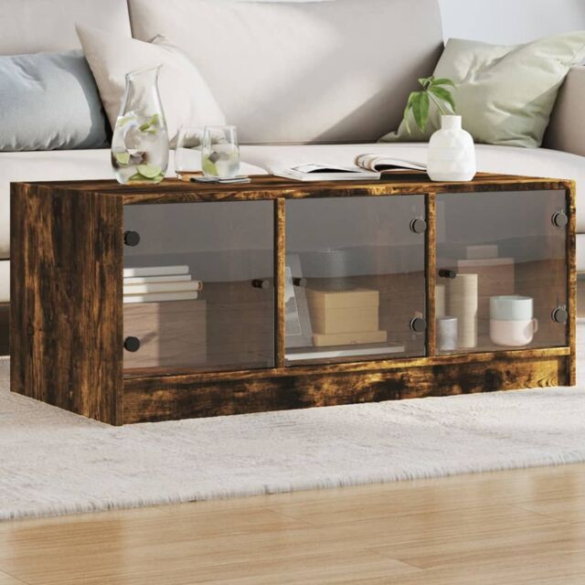 Berkfield Home Coffee Table with Glass Doors Smoked Oak 102x50x42 cm in Brown - Size: 102 x 50 x 42 cm - image 1