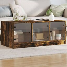 Berkfield Home Coffee Table with Glass Doors Smoked Oak 102x50x42 cm in Brown - Size: 102 x 50 x 42 cm - thumbnail 1