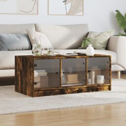 Berkfield Home Coffee Table with Glass Doors Smoked Oak 102x50x42 cm in Brown - Size: 102 x 50 x 42 cm - thumbnail 3