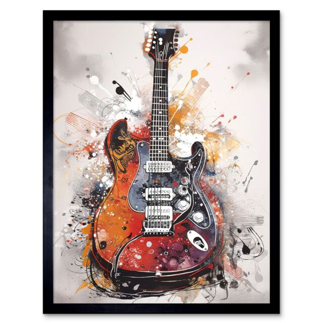 "Artery8 Wall Art Print Electric Mandolin Guitar Instrument Modern Watercolour Art Framed in Black - Size: W12"" x H16""" - image 1