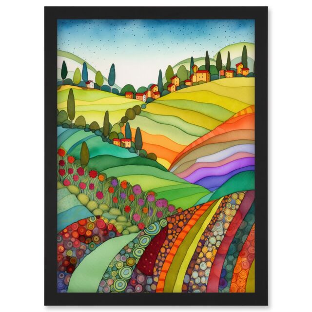 Artery8 Abstract Tuscany Hills Landscape Folk Art Artwork Framed Wall Art Print A4 in Black - image 1
