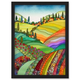 Artery8 Abstract Tuscany Hills Landscape Folk Art Artwork Framed Wall Art Print A4 in Black - thumbnail 1