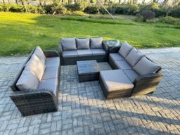Fimous Patio Garden Furniture Sets Wicker 10 Seater Outdoor Rattan Furniture Sofa Sets with Square Coffee Table Big Footstool in Dark Grey - thumbnail 2