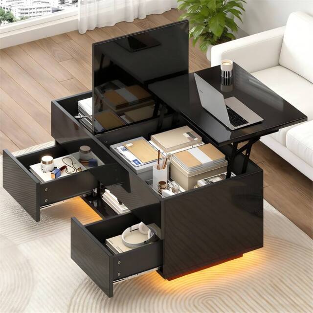 Merax High Gloss Lift-Top Coffee Table with Hidden Storage & LED in Black - image 1