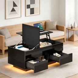 Merax High Gloss Lift-Top Coffee Table with Hidden Storage & LED in Black - thumbnail 4
