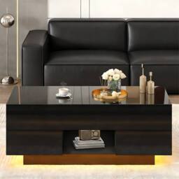 Merax High Gloss Lift-Top Coffee Table with Hidden Storage & LED in Black - thumbnail 3