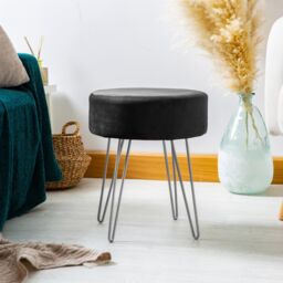 Harbour Housewares Round Velvet Footstool - H40 x D35cm - Silver Legs in Black - thumbnail 2