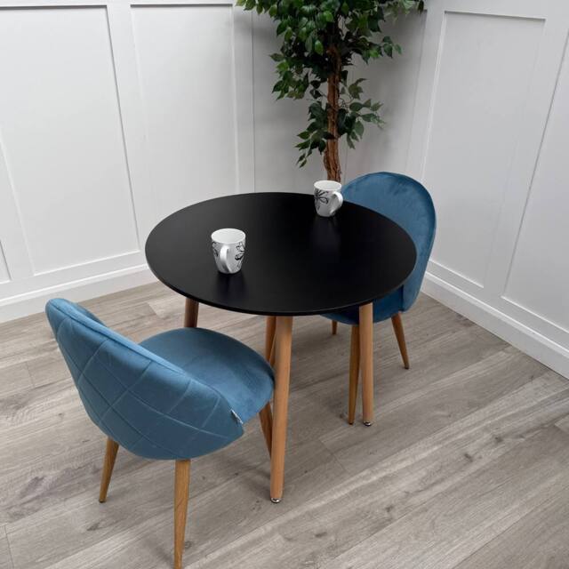 Life Interiors Lucia Dining Set Round Black Table + 2 Velvet Chairs in Blue - image 1