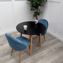 Life Interiors Lucia Dining Set Round Black Table + 2 Velvet Chairs in Blue - thumbnail 1