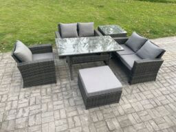 Fimous 6 Seater Wicker Rattan Garden Dining Set Outdoor Furniture Sofa with Dining Table Double Seat Sofa Big Footstool Side Table in Dark Grey - thumbnail 1