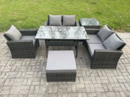 Fimous 6 Seater Wicker Rattan Garden Dining Set Outdoor Furniture Sofa with Dining Table Double Seat Sofa Big Footstool Side Table in Dark Grey - thumbnail 2