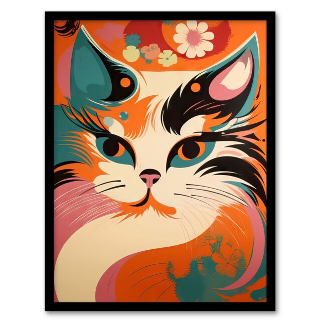 Artery8 Wall Art Print Cat Graphic 1960s Painting Orange Blue Teal Pink Floral Retro Boho Animal Portrait Art Framed - Size: A4 - image 1