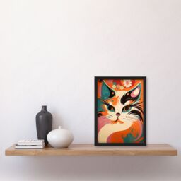 Artery8 Wall Art Print Cat Graphic 1960s Painting Orange Blue Teal Pink Floral Retro Boho Animal Portrait Art Framed - Size: A4 - thumbnail 4