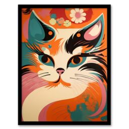 Artery8 Wall Art Print Cat Graphic 1960s Painting Orange Blue Teal Pink Floral Retro Boho Animal Portrait Art Framed - Size: A4 - thumbnail 1