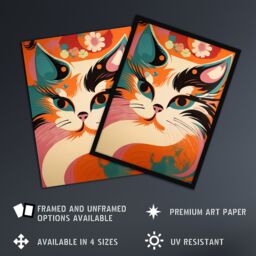 Artery8 Wall Art Print Cat Graphic 1960s Painting Orange Blue Teal Pink Floral Retro Boho Animal Portrait Art Framed - Size: A4 - thumbnail 2