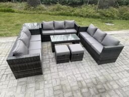 Fimous Outdoor Rattan Garden Furniture Lounge Sofa Set With Oblong Rectagular Coffee Table in Dark Grey - thumbnail 2