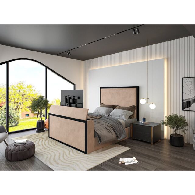 HOB Furniture Washington Metal Tv Bed, Luxury French Velvet, Mink in Light Brown - Size: Super King - image 1