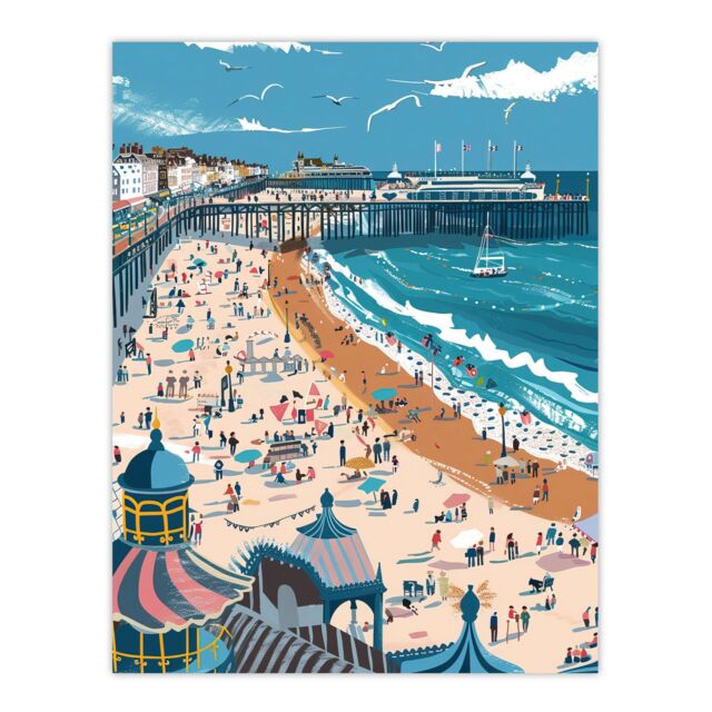 "Artery8 Brighton Pier Beach Holiday Colourful Painting Wall Art Print in Blue - Size: W24"" x H32""" - image 1