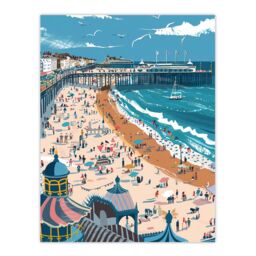 "Artery8 Brighton Pier Beach Holiday Colourful Painting Wall Art Print in Blue - Size: W24"" x H32""" - thumbnail 1