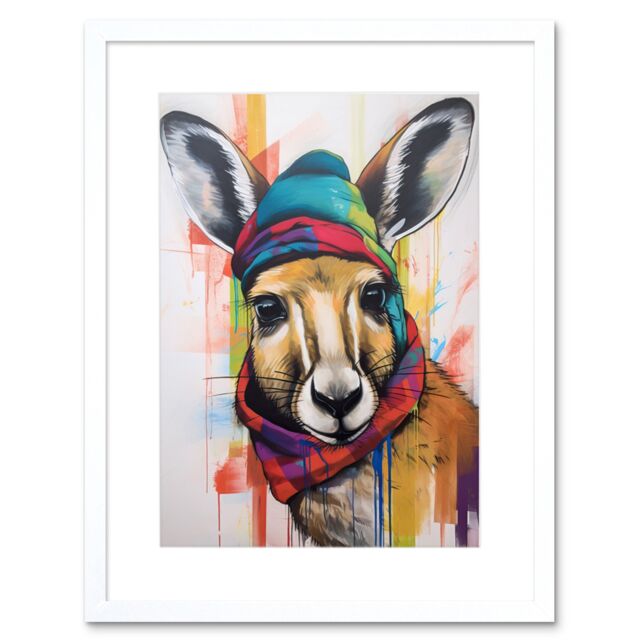 "Artery8 Wall Art Print Kangaroo Wearing Colourful Winter Hat & Scarf Artwork Framed 9X7 Inch in White - Size: W7"" x H9""" - image 1