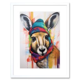 "Artery8 Wall Art Print Kangaroo Wearing Colourful Winter Hat & Scarf Artwork Framed 9X7 Inch in White - Size: W7"" x H9""" - thumbnail 1