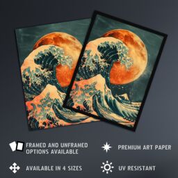 Artery8 Orange Moon Traditional Japanese Waves Artwork Framed Art Print - Size: A4 - thumbnail 2