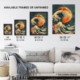 Artery8 Orange Moon Traditional Japanese Waves Artwork Framed Art Print - Size: A4 - thumbnail 3