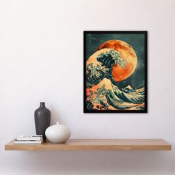 Artery8 Orange Moon Traditional Japanese Waves Artwork Framed Art Print - Size: A4 - thumbnail 4