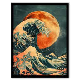 Artery8 Orange Moon Traditional Japanese Waves Artwork Framed Art Print - Size: A4 - thumbnail 1