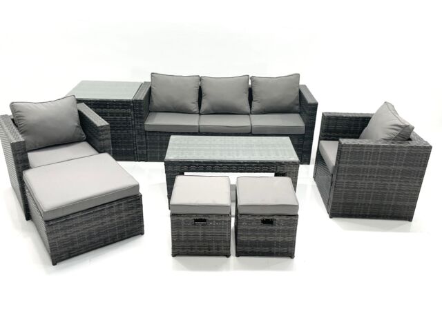 Fimous 8 Seater Rattan Garden Furniture Set Outdoor Lounger Sofa with Coffee Table 2 Armchair 3 Footstools Side Table Dark Grey Mixed - image 1