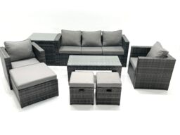 Fimous 8 Seater Rattan Garden Furniture Set Outdoor Lounger Sofa with Coffee Table 2 Armchair 3 Footstools Side Table Dark Grey Mixed - thumbnail 1