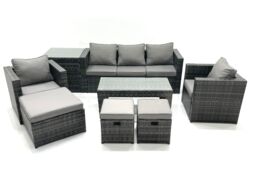 Fimous 8 Seater Rattan Garden Furniture Set Outdoor Lounger Sofa with Coffee Table 2 Armchair 3 Footstools Side Table Dark Grey Mixed - thumbnail 2