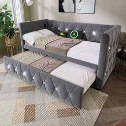 STILVORA 3ft Single Daybed with Pull-Out Trundle & USB Charging in Grey