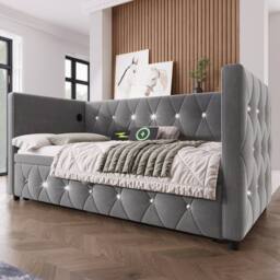 STILVORA 3ft Single Daybed with Pull-Out Trundle & USB Charging in Grey - thumbnail 3