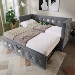 STILVORA 3ft Single Daybed with Pull-Out Trundle & USB Charging in Grey - thumbnail 9