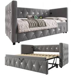 STILVORA 3ft Single Daybed with Pull-Out Trundle & USB Charging in Grey - thumbnail 2