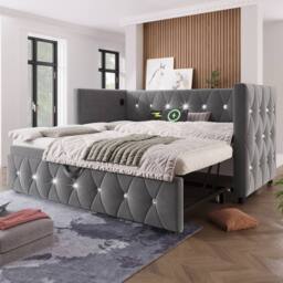 STILVORA 3ft Single Daybed with Pull-Out Trundle & USB Charging in Grey - thumbnail 5
