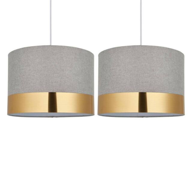First Choice Lighting Set of 2 Amara - Grey 30cm Easy Fit Pendant Shades with Gold Band