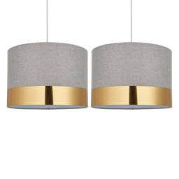 First Choice Lighting Set of 2 Amara - Grey 30cm Easy Fit Pendant Shades with Gold Band - thumbnail 1