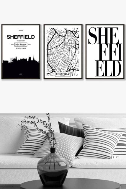 ARTZE SHEFFIELD Skyline Street Map City Prints Framed Wall Art - Large in Black - Size: W53 cm x H73 cm x D20mm - image 1
