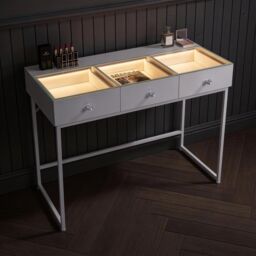 FENCHILIN Dressing Table with 3 Drawers & Lights Hollywood Makeup Vanity Desk in White - thumbnail 2